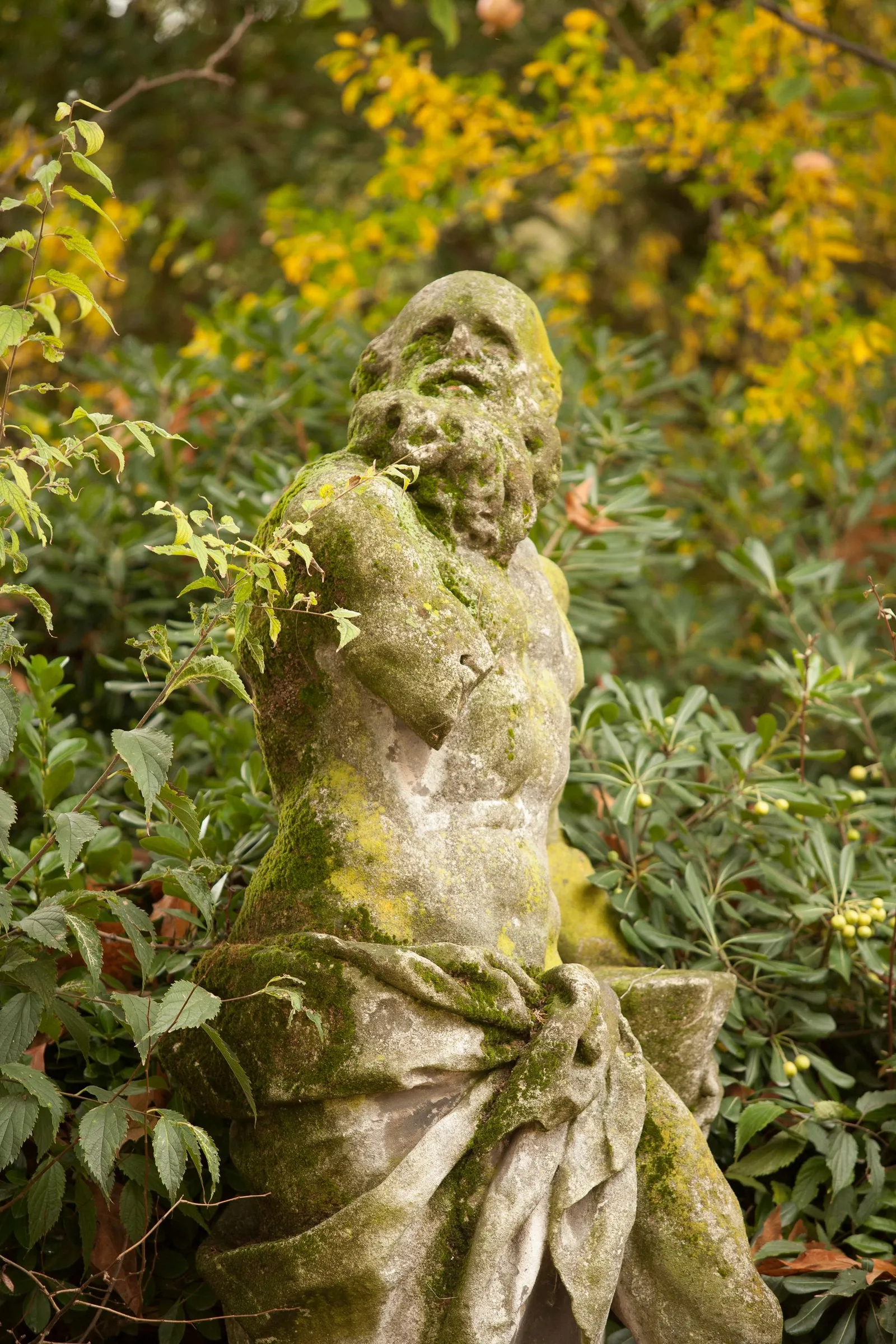 Moss-covered stone statue surrounded by greenery